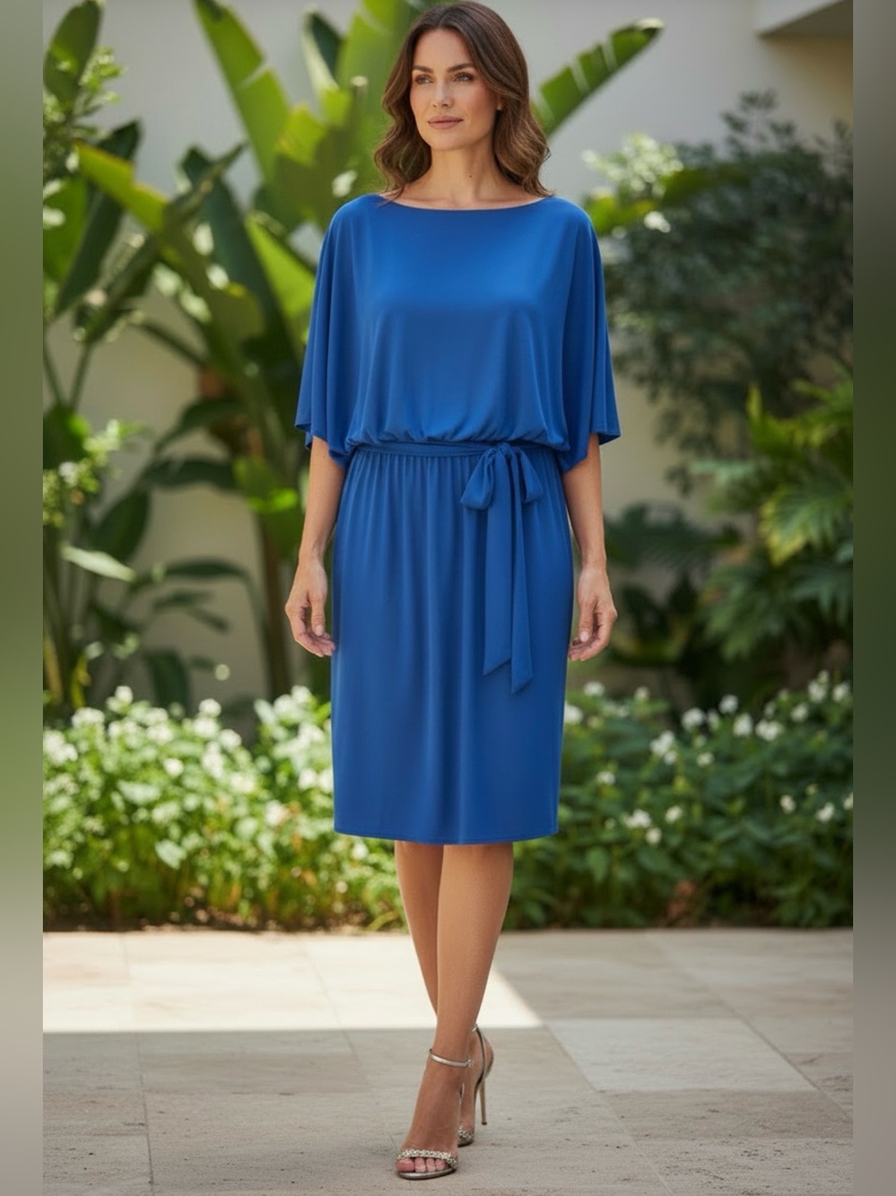NWT Sandra Darren Royal Blue Scoop-Neck Stretch Dress with Tie Waist, Size 12